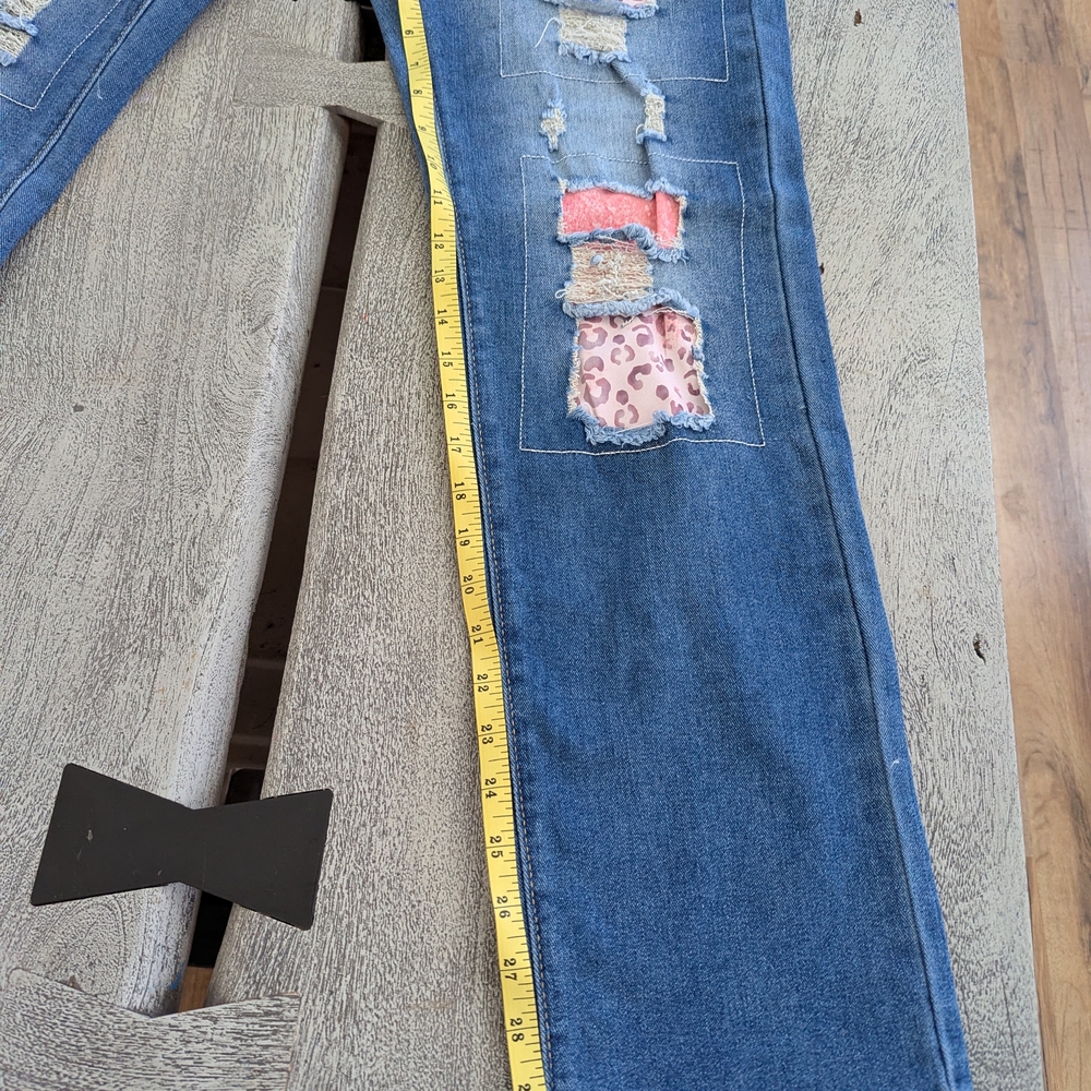 Women’s Blue Distressed Patchwork Jeans with Pink Accents Size M - Picture 14 of 16